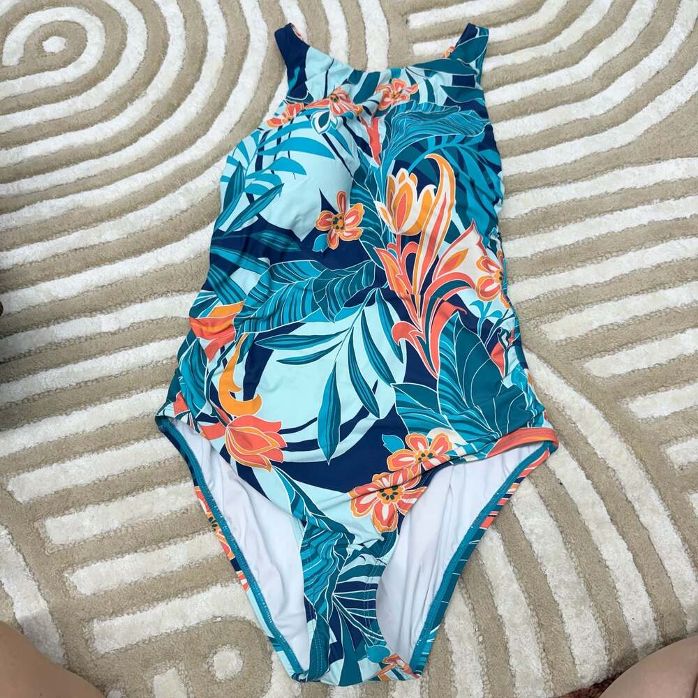 Jantzen Temple Peach High Neck One Piece Swimsuit, Size 10